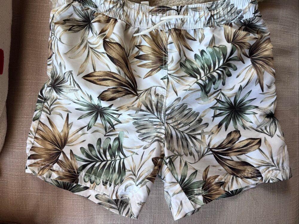 Janie & Jack boys size 10 cream neutral fern plant swim trunks swimming tropical